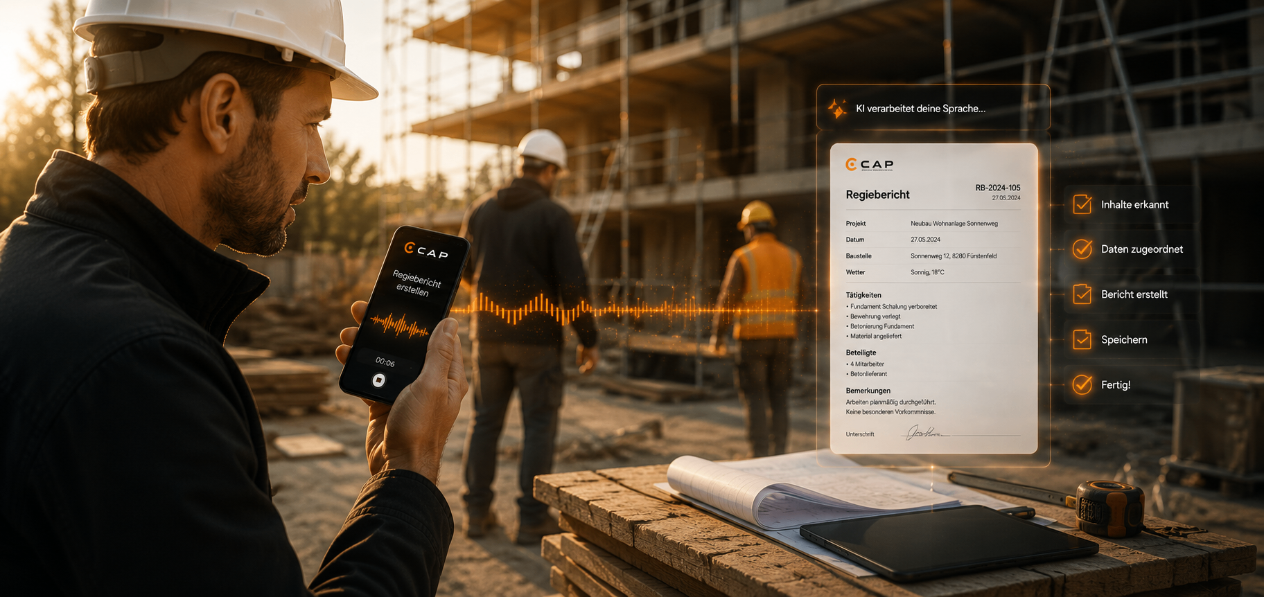Bauleiter nutzt CAP Spracheingabe auf der Baustelle – KI erstellt automatisch Regieberichte