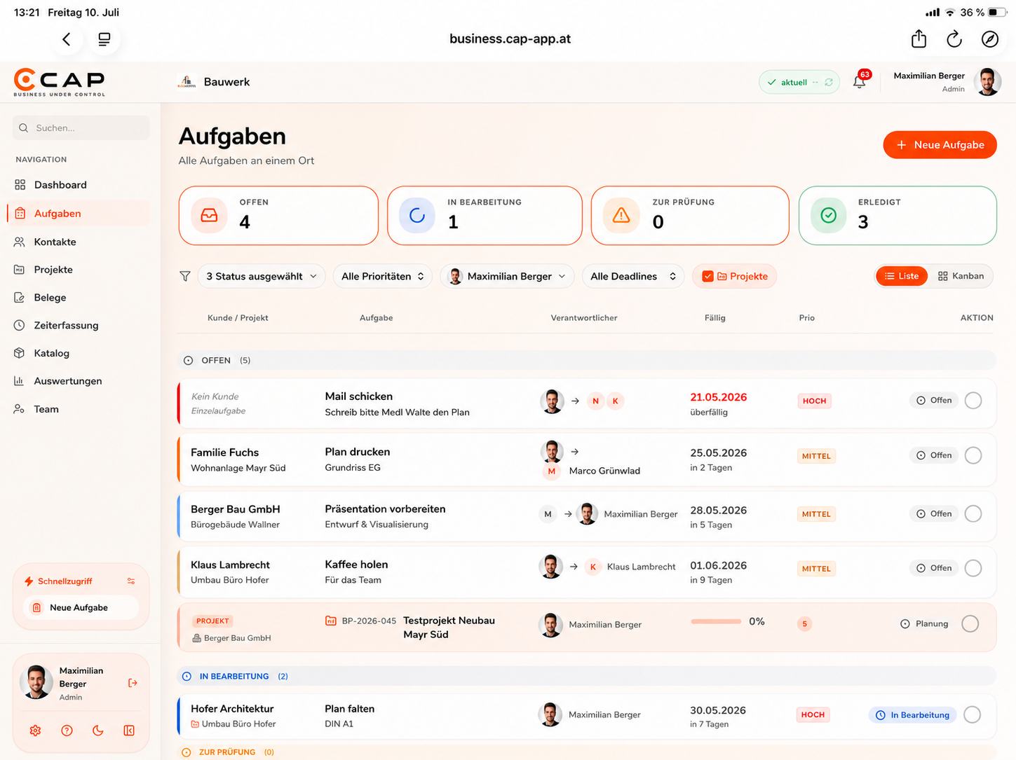 Aufgabenübersicht in CAP mit Projektzuordnung, Verantwortlichen, Fälligkeit, Priorität und Bearbeitungsstatus.
