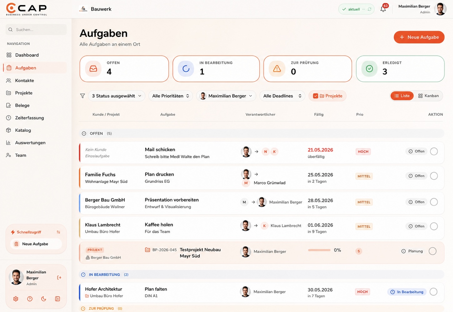 Aufgabenliste in CAP mit Verantwortlichen, Fristen und Status