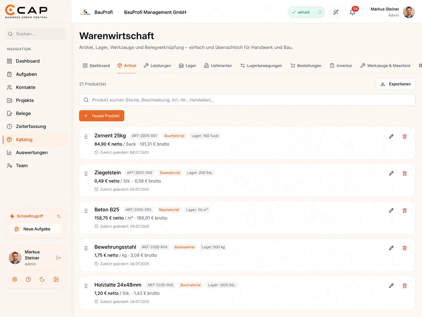 Leistungskatalog in CAP mit Produkten, Leistungen, Preisen und Kategorien.