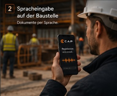 Handwerker nutzt die CAP KI-Spracheingabe direkt auf der Baustelle