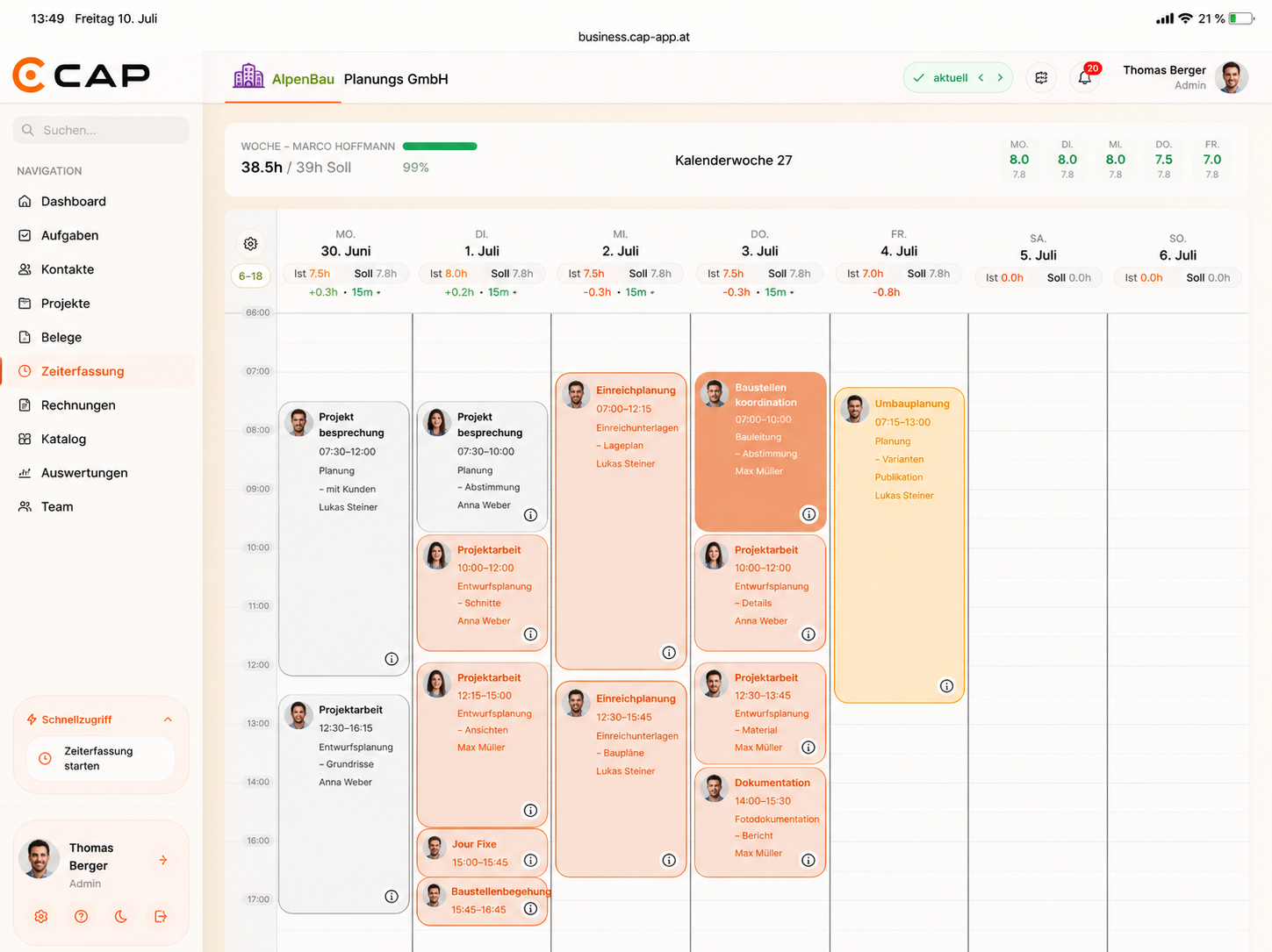 Wochenkalender der Zeiterfassung in CAP mit gebuchten Stunden pro Tag