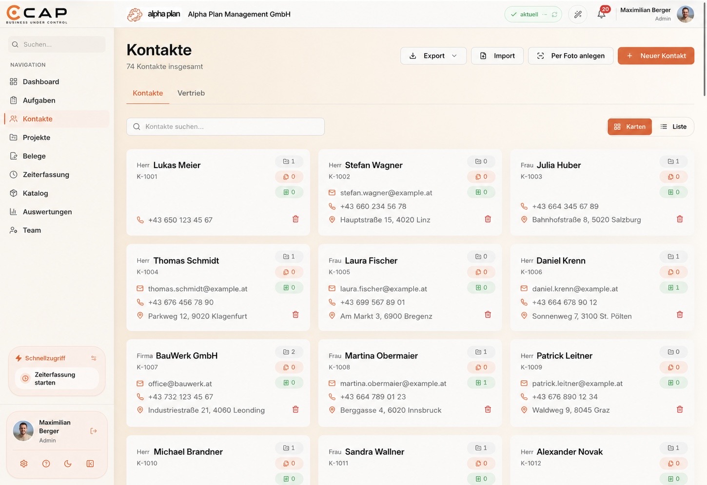 Projekt-Cockpit in CAP mit hinterlegten Kundendaten und Ansprechpartner